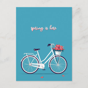 White Bicycle Pink Flowers Blue Background Postcard