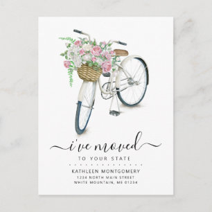 White Bicycle Pink White Rose Floral Basket Moving Announcement Postcard