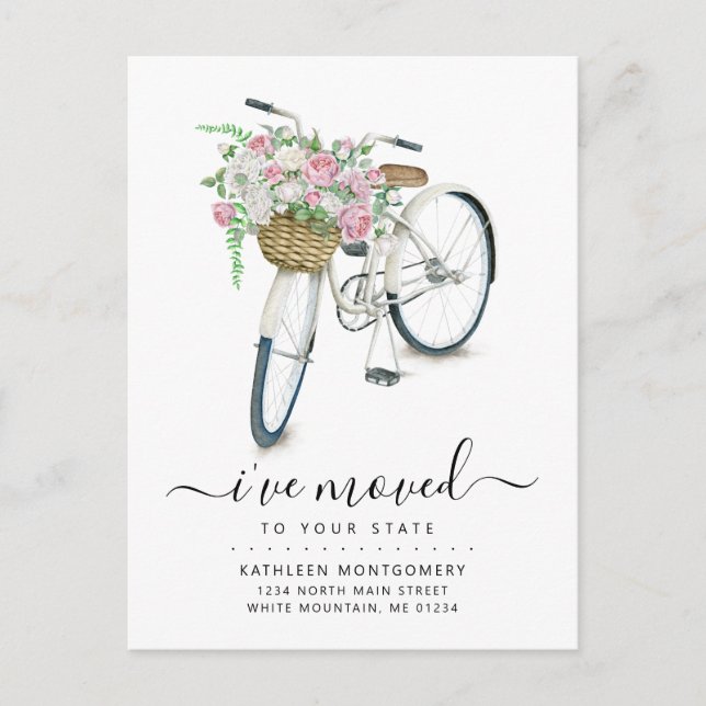 White Bicycle Pink White Rose Floral Basket Moving Announcement Postcard (Front)