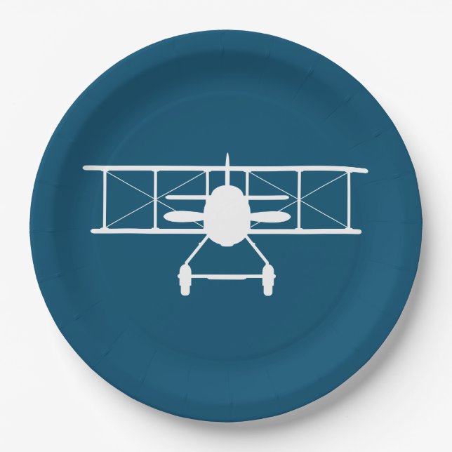 White Biplane Profile on Blue Background Paper Plate (Front)