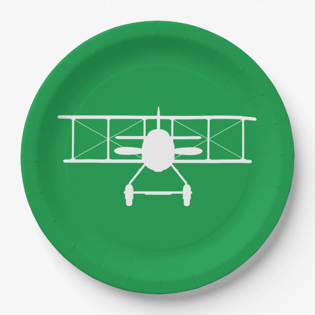 White Biplane Profile on Green Background Paper Plate (Front)