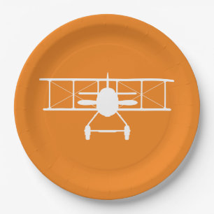 White Biplane Profile on Orange Background Paper Plate