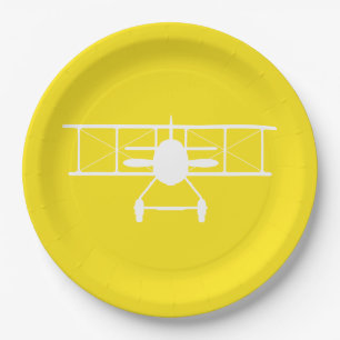 White Biplane Profile on Yellow Background Paper Plate