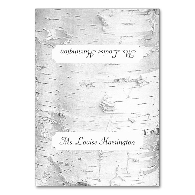 White Birch Bark Tented Place Cards With Name (Front)