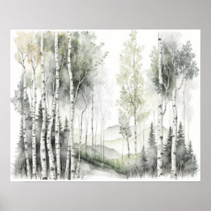 White Birch Forest Watercolor Poster