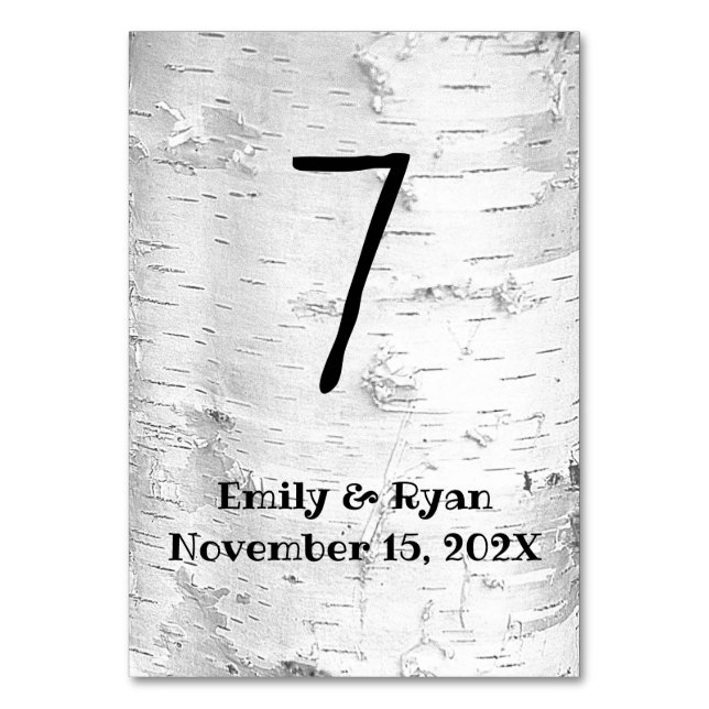 White Birch Rustic Wedding Table Number Cards (Front)