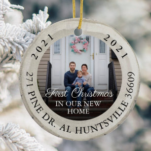 White Birch Slice First Christmas In Our New Home Ceramic Tree Decoration