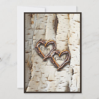 White Birch Tree Bark Rustic Stick Hearts  Invitation