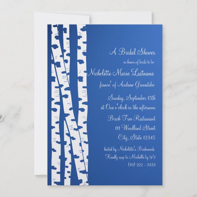 White Birch Tree Bridal Shower Blue Invitation (Front)