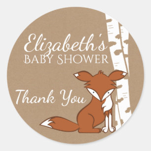 White Birch Trees and Fox Baby Shower Classic Round Sticker