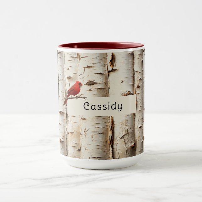 White Birch Trees Beautiful Cardinal Bird Mug (Center)