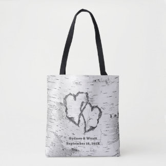 White Birch Two Hearts Personalized Wedding Tote Bag