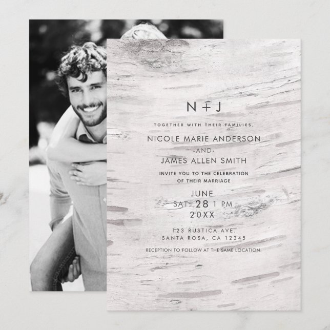White Birch Wood Rustic Barn Modern Photo Wedding Invitation (Front/Back)