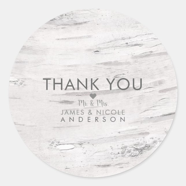 White Birch Wood Rustic Country Wedding Favour Classic Round Sticker (Front)