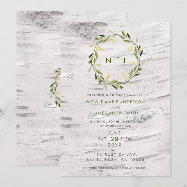 White Birch Wood Rustic Country Wreath Wedding Invitation (Front/Back)