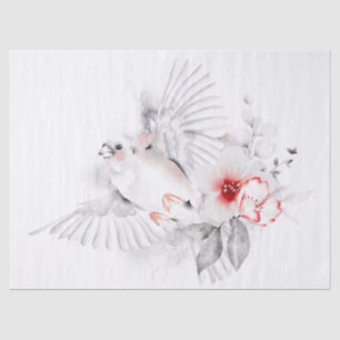 White Bird Cherry Blossom Whimsical Watercolor Tissue Paper