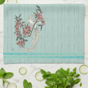 White Bird - Cherry Blossoms Aqua  Tea Towel