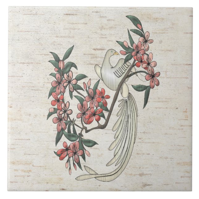 White Bird & Cherry Blossoms on Birch Ceramic Tile (Front)