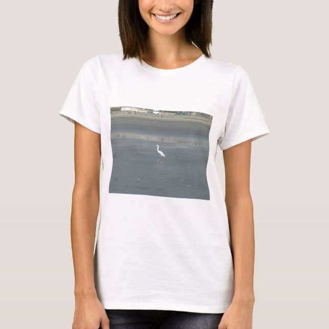 White Bird on Grey Sand Beach Art Print T-Shirt (Front)