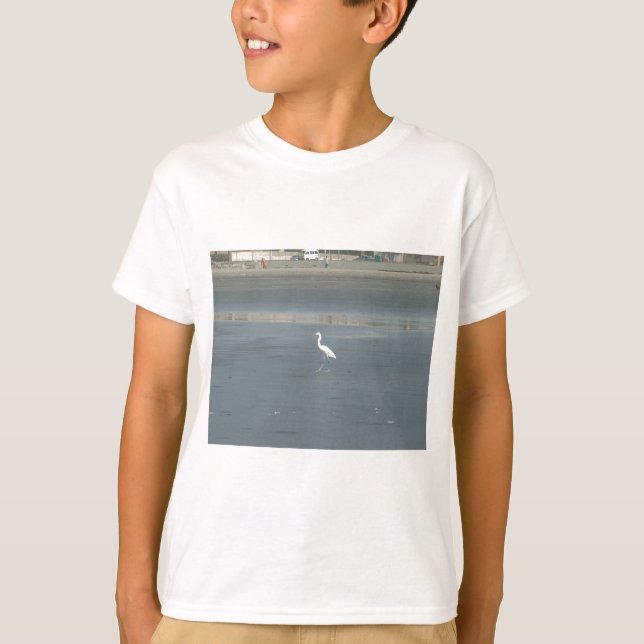 White Bird on Grey Sand Beach Art Print T-Shirt (Front)