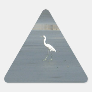 White Bird on Grey Sand Beach Art Print Triangle Sticker