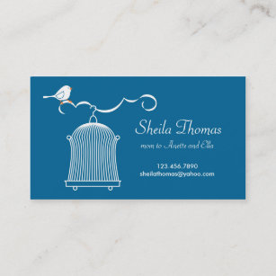 White Birdcage and Bird on Blue Background Calling Card