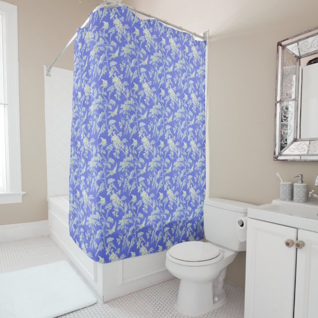 White Birds and Flowers on Blue Shower Curtain (In Situ)
