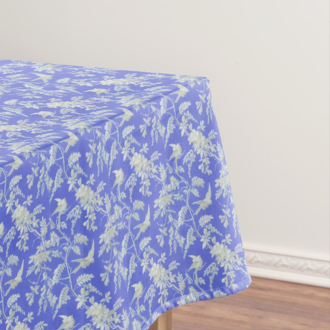 White Birds and Flowers on Blue Tablecloth (In Situ)