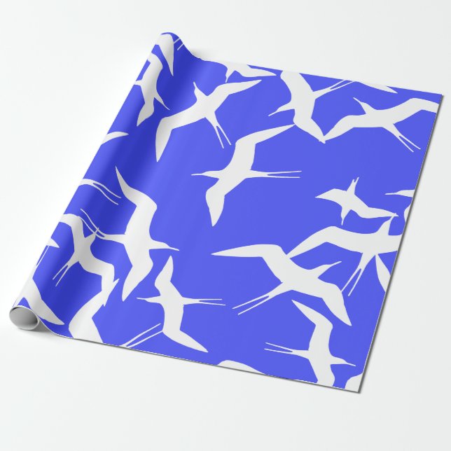 White Birds Blue Background Sea Theme Wrapping Paper (Unrolled)
