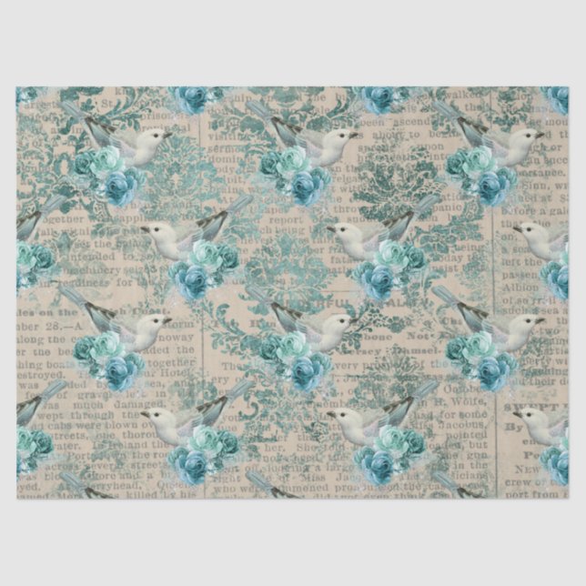 White Birds, Blue Flowers and Newsprint Decoupage Tissue Paper (Front)