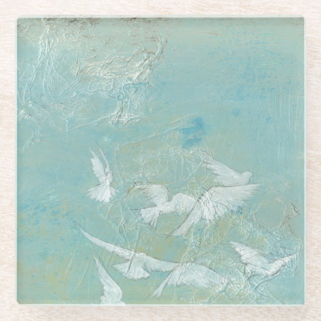 White Birds Flying Through Blue Sky Glass Coaster (Front)