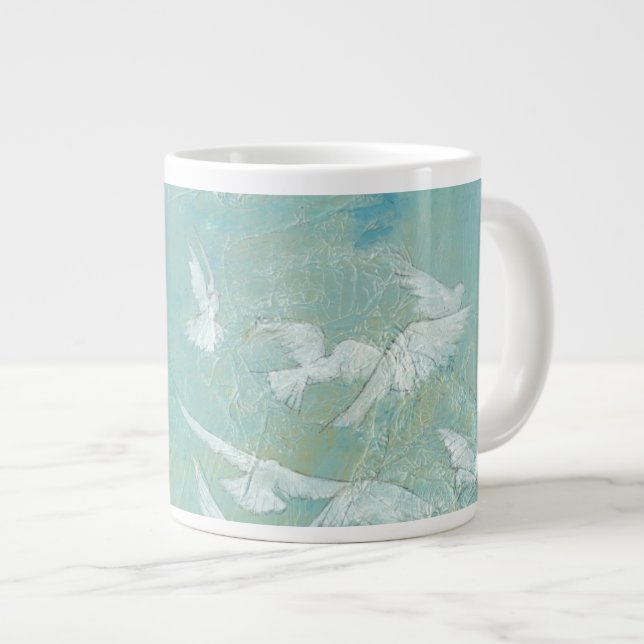 White Birds Flying Through Blue Sky Large Coffee Mug (Front Right)