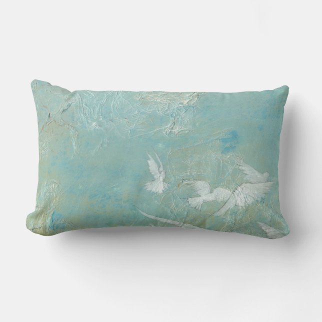 White Birds Flying Through Blue Sky Lumbar Cushion (Front)