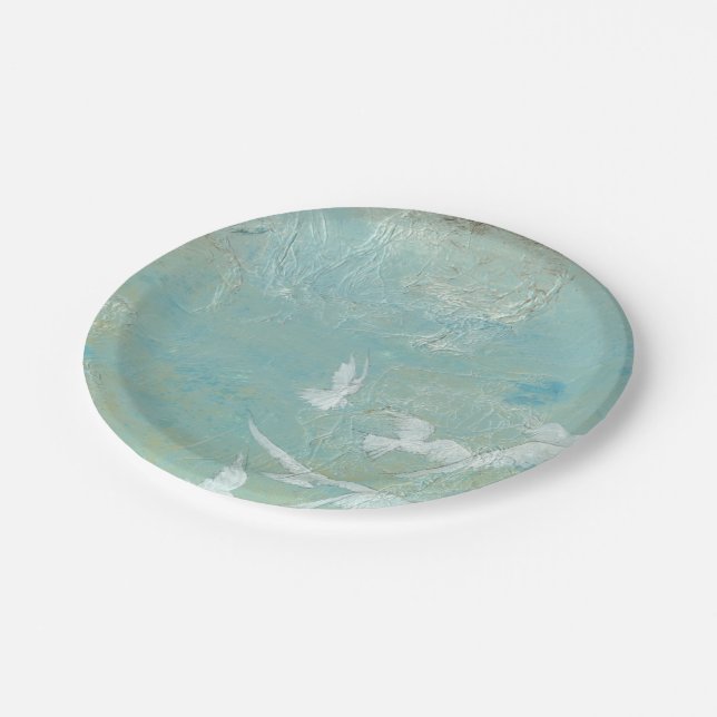 White Birds Flying Through Blue Sky Paper Plate (Angled)