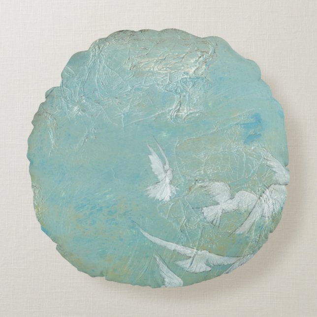 White Birds Flying Through Blue Sky Round Cushion (Front)