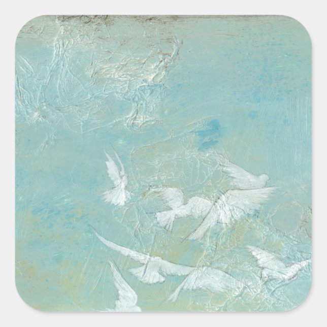 White Birds Flying Through Blue Sky Square Sticker (Front)
