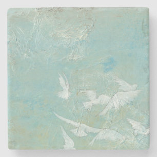 White Birds Flying Through Blue Sky Stone Coaster