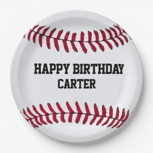 White Birthday Baseball with Name  Paper Plate