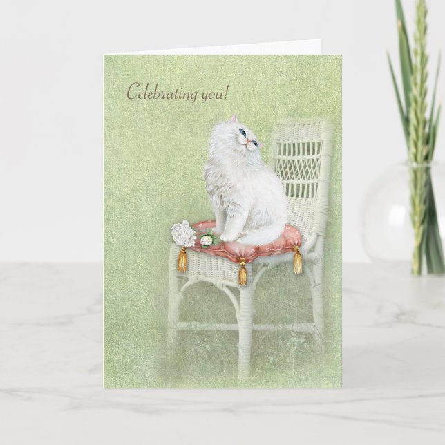 white birthday cat and roses on pillow card (Front)