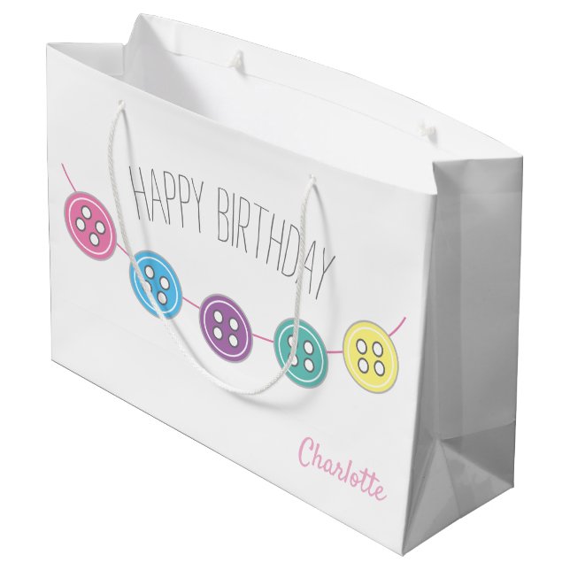 White birthday customisable sewing button large gift bag (Back Angled)