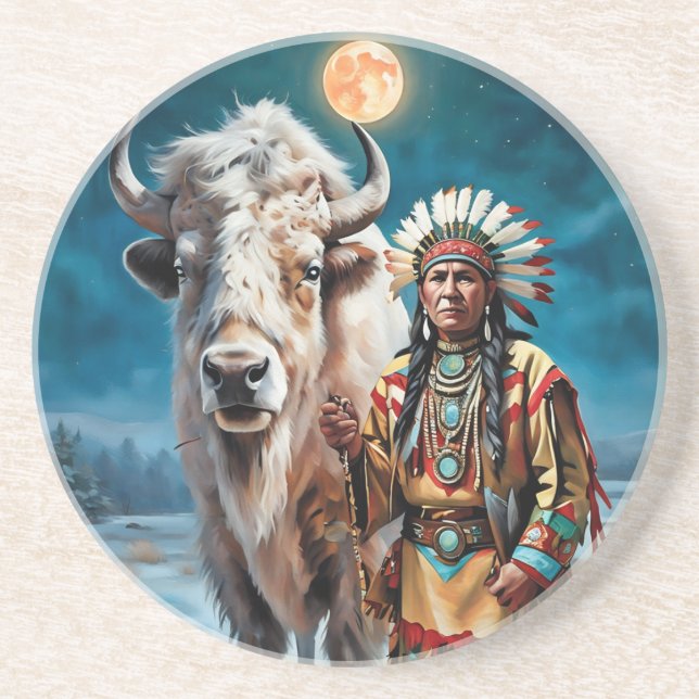 White Bison and Native American Chief  Coaster (Front)