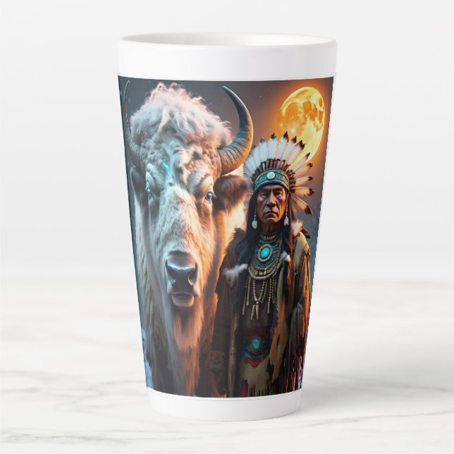 White Bison and Native American Chief Latte Mug (Front)
