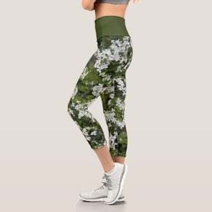 White Bittercess Flowers and Green Foliage Floral Capri Leggings