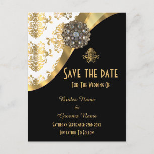 White, black and gold damask save the date announcement postcard