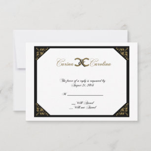 White Black and Gold Damask Sweet 16 Response Card
