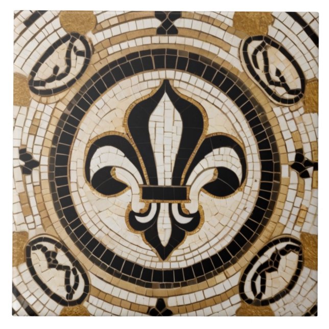 White Black and Gold Fleur de Lis Faux Mosaic Tile (Front)