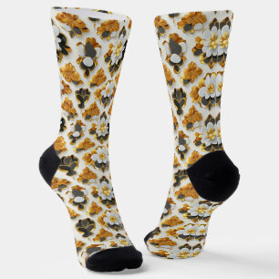 White, Black and Gold Floral Crew Socks
