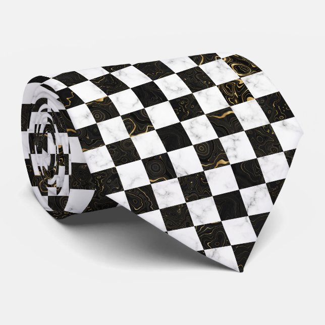 White Black and Gold Marble Chequerboard Tie (Rolled)