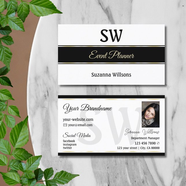 White Black and Gold Stripes with Monogram & Photo Business Card (Creator Uploaded)