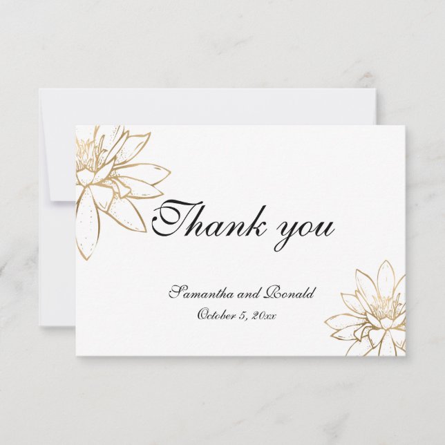 White, black, and gold wedding thank you card (Front)